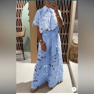 Chic Lace Wide Leg Pants Set in Light Blue